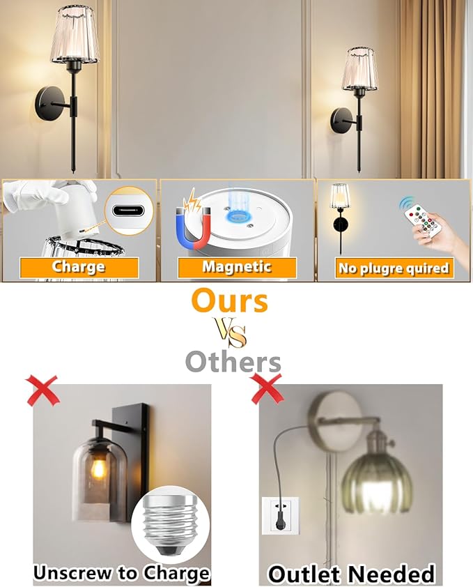 Adetu Crystal Battery Operated Wall Sconces Set of Two, Gold Rechargeable Wall Lights with 10000mAh Dimmable Magnetic Bulb, RGB Rechargeable Battery Wall Sconce with Remote Control for Bedroom Decor