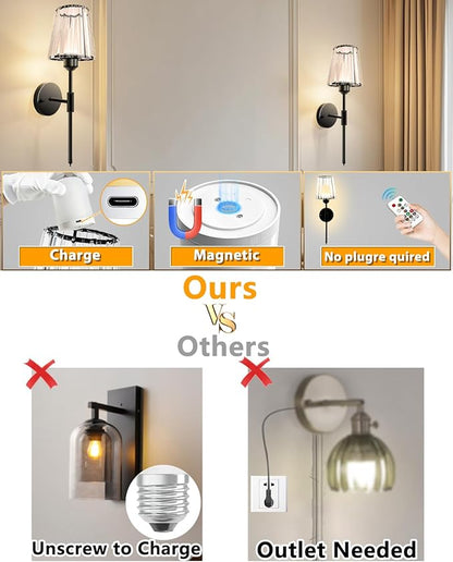 Adetu Crystal Battery Operated Wall Sconces Set of Two, Gold Rechargeable Wall Lights with 10000mAh Dimmable Magnetic Bulb, RGB Rechargeable Battery Wall Sconce with Remote Control for Bedroom Decor