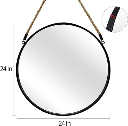 POZINO Round Mirror, 24 Inch Hanging Mirror with Rope, Circle Wall Mirrors, Black Frame Farmhouse Mirrors for Bathroom Bedroom Living Room Entryway Home Decor