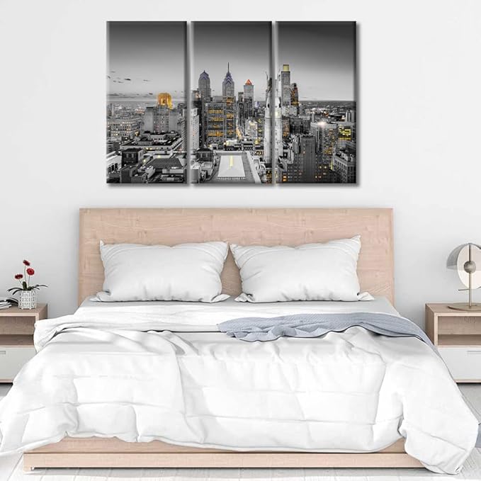 American Cityscape Canvas Wall Art City Skyline Wall Decor Living Room Philadelphia Pennsylvania Skyscrapers Pictures Wall Decor for Bedroom Posters and Prints Framed Ready to Hang (42"Wx28"H)