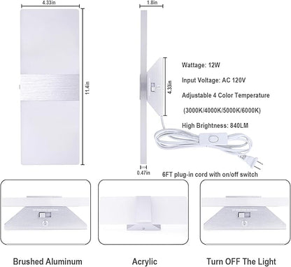 TRLIFE Wall Sconces Plug in, Adjustable 4 Color Temperature Modern LED Wall Sconce, 12W Acrylic Wall Mounted Light Set of 2 Wall Lights with 6FT Plug in Cord for Bedroom Bedside(2 Pack, Silver)