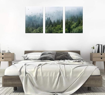 Green Forest Wall Art Tropical Forest Mountain Bird Contemporary Canvas Pictures Modern Artwork Framed for Bathroom Bedroom Nursery Living Room Home Office Kitchen Wall Decor 16" x 24" 3 Pieces