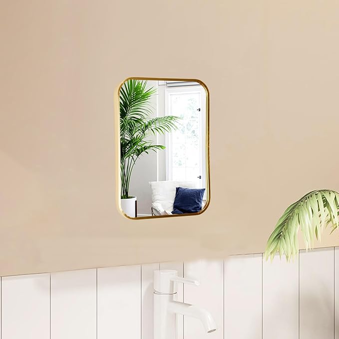 Gold Aluminum Metal Framed Mirror with Rounded Corners, Rust Resistant, Wall Mounted Mirror for Bedroom or Living Room,Vertical Hanging (Gold, 11.8x15.7inch)