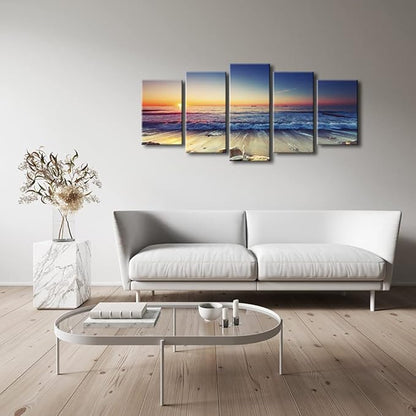 Pyradecor Ocean Seascape Canvas Prints Wall Art Sea Beach Pictures Paintings for Living Room Bedroom Home Decorations 5 Piece Modern Stretched Ready to Hang Landscape Artwork