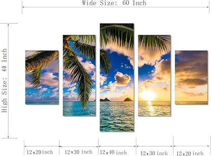 Large Ocean Canvas Wall Art Beach Sunrise Landscape Poster Modern Seascape Pictures HD Print on Canvas Framed Ocean Artwork for Living Room Kitchen Bedroom Wall Decorations Stretched Ready to Hang - 60''W x 40''H