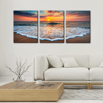 Pacimo 3 Pieces Wall Art Decor Beach Canvas Print Picture Sunrise Ocean Waves Scenery Painting Artwork for Office Wall Decor Home Decoration Stretched and Framed Ready to Hang - 12" x 16" x 3