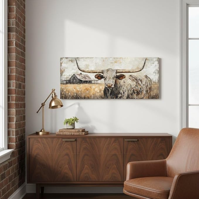 Artmyharbor Rustic Longhorn Bull Canvas Wall Art Large Western Ranch Decor Farmhouse Barn Landscape Picture 20 x 48 inches