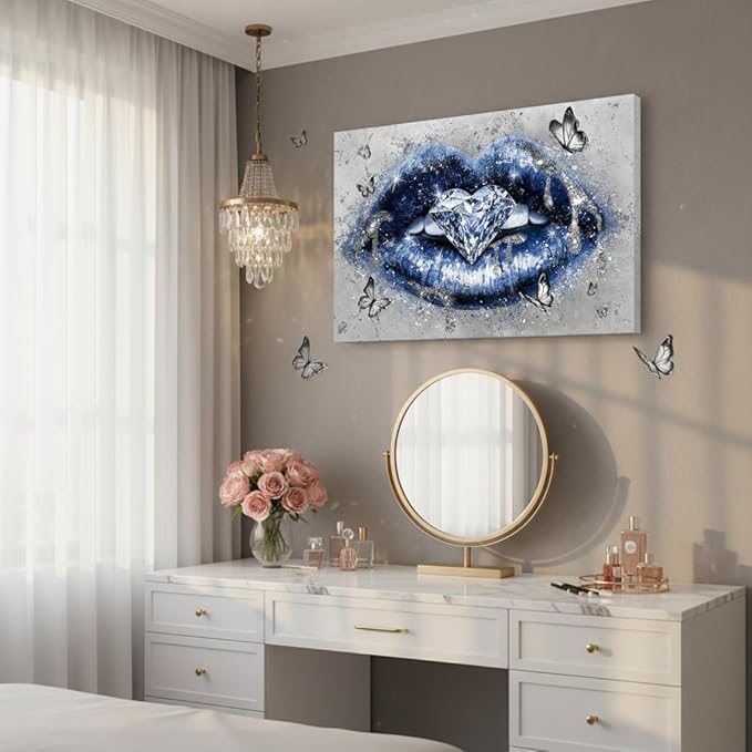 Conipit Navy Fashion Wall Art Blue Lip Canvas Art Beauty Glam Picture Prints Lip Painting with Heart Diamond Artwork for Makeup Room Bedroom Salon Wall Decor 24x36 Inch