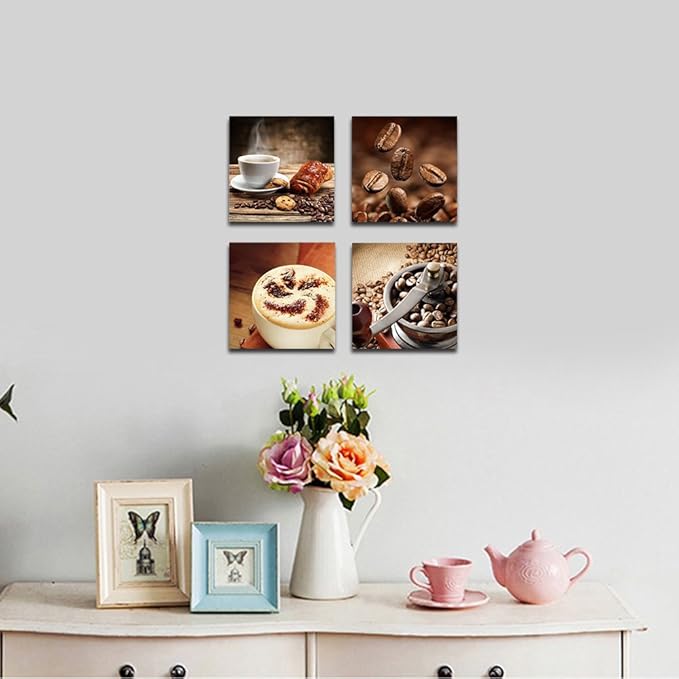 Wieco Art 4 Panels Coffee Bean Kitchen Canvas Wall Art Coffee Cup Canvas Prints Wall Decor Dining Room Canvas Art Contemporary Pictures for Kitchen Bar Decoration