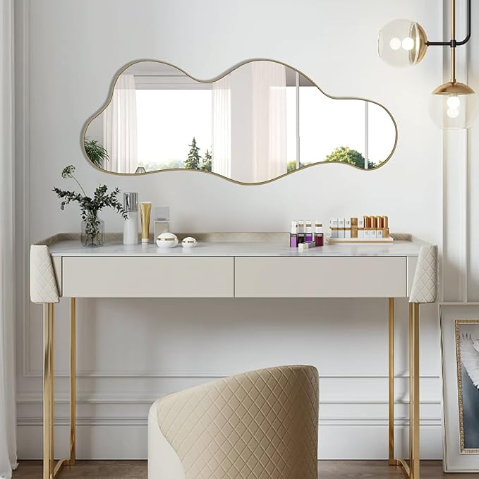 POZINO Irregular Wall Mirror, 39.3"x16" Asymmetrical Mirrors, Cloud Shaped Mirror, Gold Modern Abstract Frameless Mirrors for Bathroom Living Room Bedroom Entryway Hallway