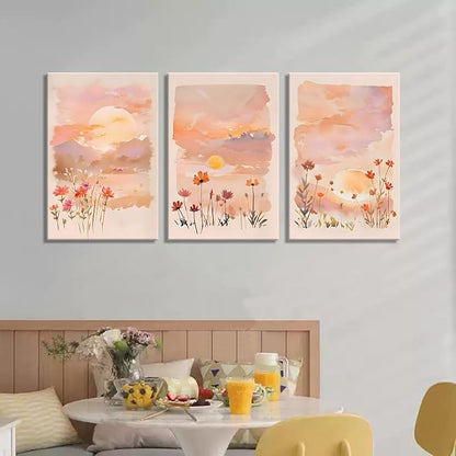 Eysintum 3 Panel Sunset Wall Art Wildflower Canvas Print Pink Floral Nature Landscape Painting Watercolor Boho Wall Decor for Bedroom Living Room 16x24in Ready to Hang