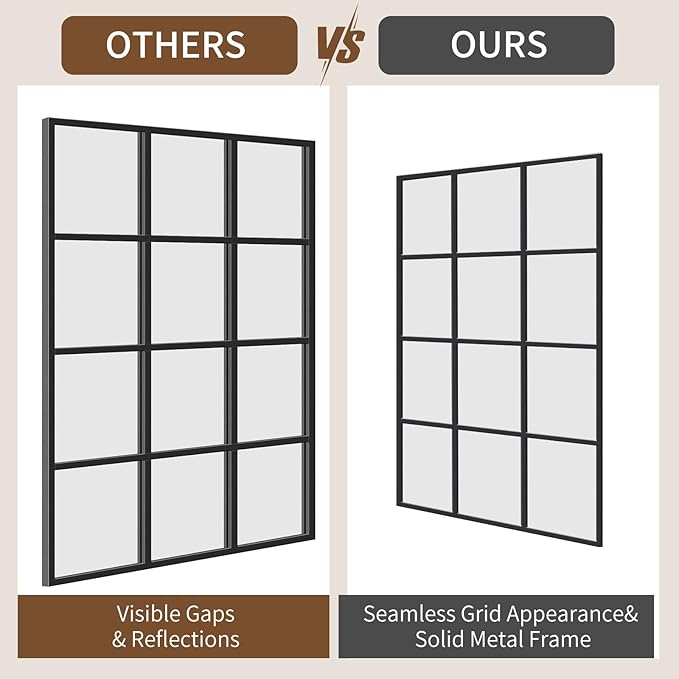 Window Pane Mirror, 28x20 Decorative Wall Mirrors, Black Metal Framed Windowpane Mirror for Farmhouse & Modern Bedroom, Living Room, Dining Room, Entryway, Fireplace Decor with Hanging or Leaning