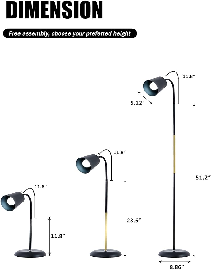Short Floor Lamp, Reading Lamps Floor Standing with Adjustable Bendable, 2 in 1 Reading Table Lamps for Living Room Bedroom Office, 12W Bulb Included (Black)