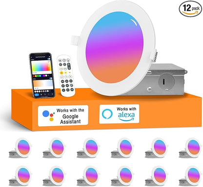 12Pack Smart LED RGB Recessed Lighting 4Inch,Color Changing Canless Downlight,2700K-6500K, 2.4GHz Wi-Fi & Bluetooth,9W 2640lm,Works with Tuya App,Alexa & Google Assistant,Gateway Included