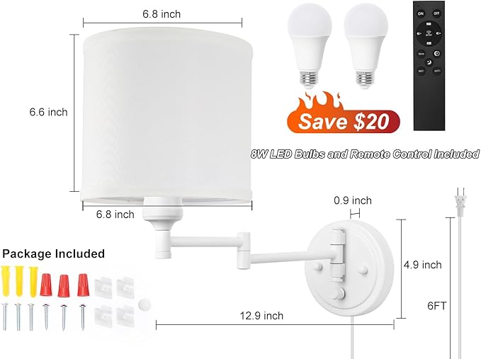 GOODATE Plug in Wall Sconces with Remote Control, Dimming, Adjustable Colors 2700K-6500K, Hardwire or Plug-in, Swing Arm Wall Lamp, Wall Sconces Set of Two, White Fabric Shade, White Finish