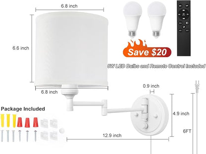 GOODATE Plug in Wall Sconces with Remote Control, Dimming, Adjustable Colors 2700K-6500K, Hardwire or Plug-in, Swing Arm Wall Lamp, Wall Sconces Set of Two, White Fabric Shade, White Finish