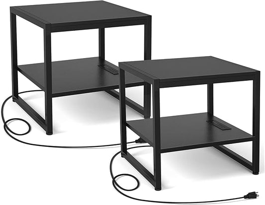 Homieasy End Table with Charging Station, 20" Mini Fridge Stand with Power Outlets, Heavy Duty Side Table for Living Room, Small Table Stand & Fridge Table, Black, 2 Pack