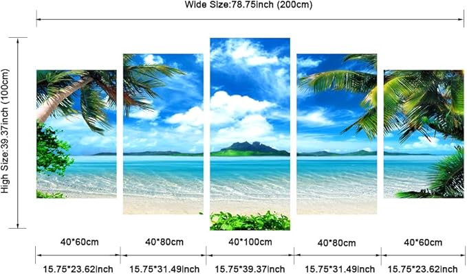 Pyradecor Modern 5 Piece Canvas Prints Artwork Contemporary Landscape Blue Sea Beach Pictures Paintings on Canvas Wall Art for Living Room Home Decorations Extra Large