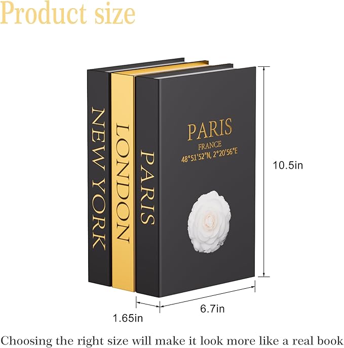 Decorative Books for Coffee Table Decor,3 PCS Stylish Fake Books of Room Decor Aesthetic,for Home Decor,Shelf,Entryway,Console Table,Fireplace Mantel Decor(Black and Gold Foil Stamping)