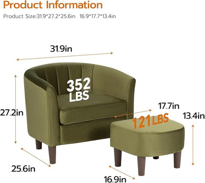 FDW Velvet Barrel Accent Chair with Ottoman, Modern Armchair with Ottoman Set, Comfortable Reading Chair for Living Room, Bedroom & Apartment Lounge, Green