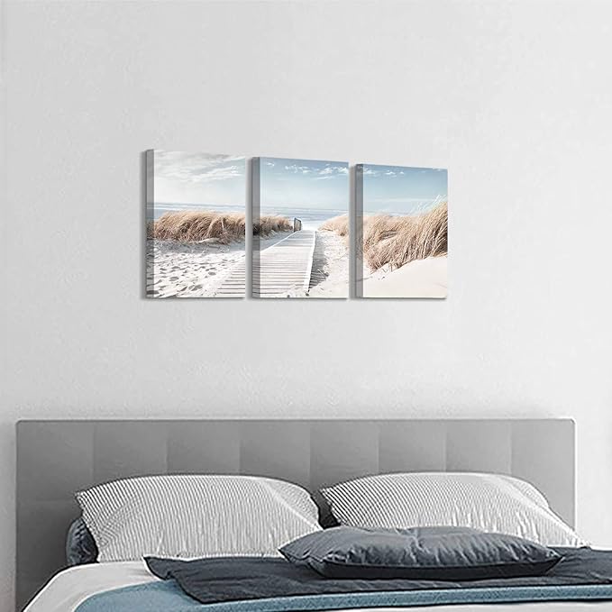 Hardy Gallery Coastal Beach Canvas Wall Art: Pathway to Shoreline Artwork Painting on Canvas for Office or Bedroom (16'' x 12'' x 3 Panels)