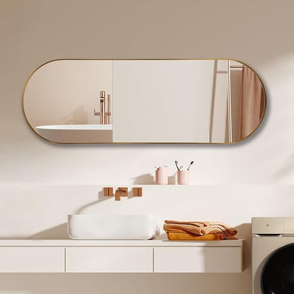 Niccy 65"×22" Oval Full Length Mirrors, Long Wall-Mounted Mirror with Aluminum Frame, Large Body Mirrors for Living Room, Explosion-Proof Hanging Wall Mirror for Bathroom Bedroom Entryway Decor, Gold
