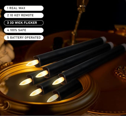 Upgraded Real Wax LED Flameless Black Taper Candles with Remote, KSWING 6 PCS Candlesticks Battery Operated 3D Flickering - 9.6" Long Realistic Fake Candle Sticks for Home/Wedding/Fireplace Xmas Decor