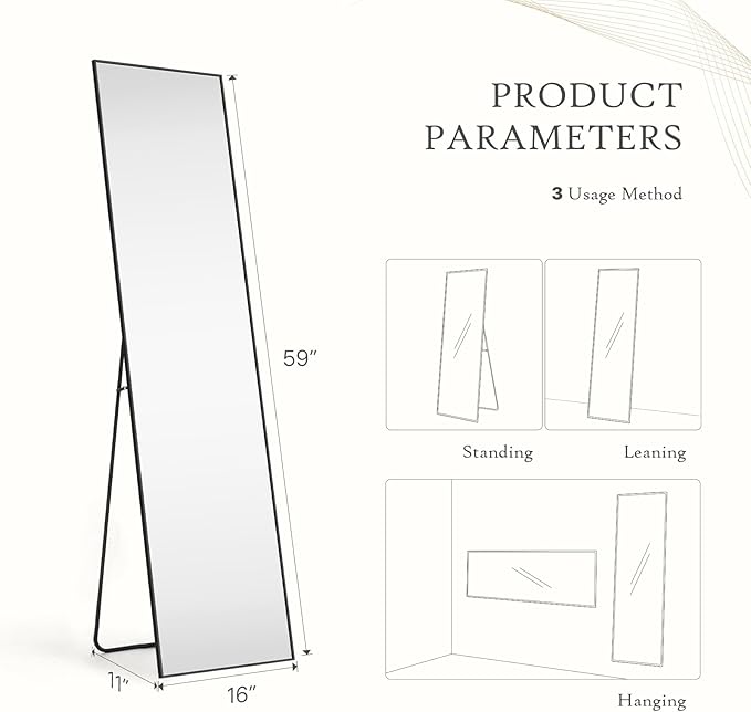 Mirror Full Length, Upgraded 16"x59" Body Wall Mirrors with Shatter-Proof Glass, Floor Standing, Hanging or Leaning, Tall Mirror with Stand Aluminum Alloy Frame for Bedroom, Black
