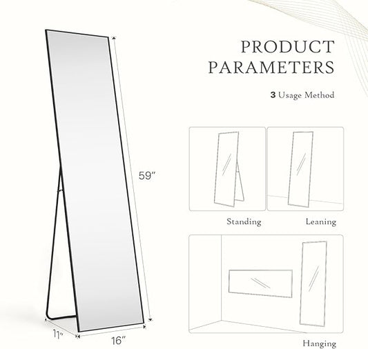 Mirror Full Length, Upgraded 16"x59" Body Wall Mirrors with Shatter-Proof Glass, Floor Standing, Hanging or Leaning, Tall Mirror with Stand Aluminum Alloy Frame for Bedroom, Black