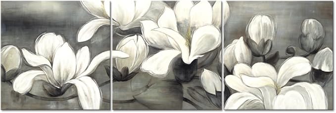 Wieco Art Magnolia Flowers Canvas Prints Wall Art 3 pcs White and Grey Floral Pictures Paintings Ready to Hang for Living Room Bedroom Home Decorations Modern Stretched and Framed Grace Giclee