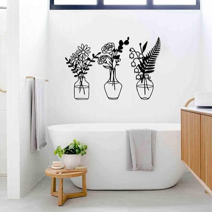 BFORXRO 3 Pieces Metal Flowers Wall Art Decor,Modern Farmhouse Black Wall Decor for New Home Bathroom Kitchen Living Room Bedroom Decoration Foliage