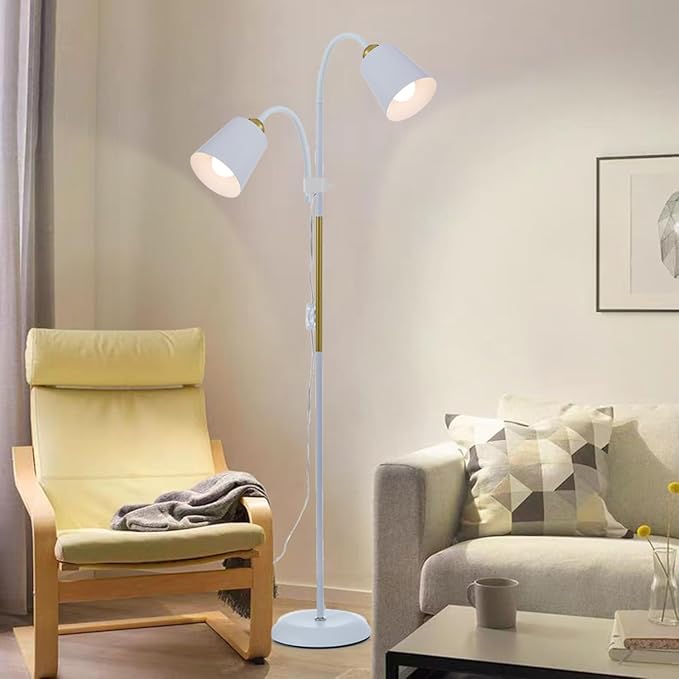 Floor Reading Lamp, Industrial Metal Floor Lamps for Living Room with Adjustable Bendable, 2 in 1 Reading Table Lamps for Living Room Bedroom Office, 12W Bulbs Included (White-2 Heads)