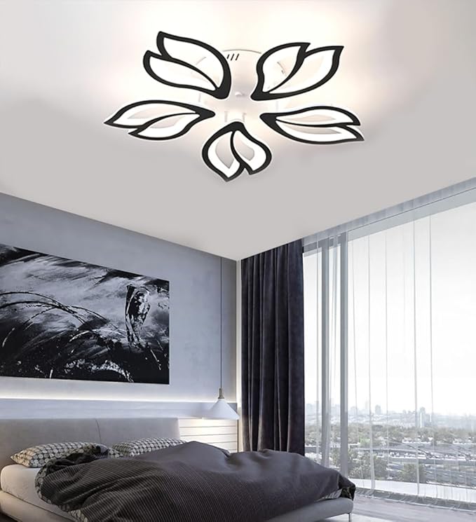 Led Modern Ceiling Light Flush Mount Black 5-Leaf Lights Ceiling Lamp Dimmable with Remote Chandelier 25.59in for Bedroom Living Room Kitchen Dining Room Office