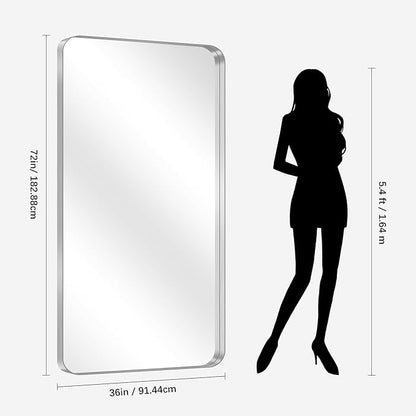 CIRCUMI Silver Bathroom Mirror, 36"x72" Rectangular Mirror with Deep Metal Frame, Rounded Corner, Tempered Glass, Large Mirror for Wall, Over 2 Sinks, Installed Vertically/Horizontally, Crystal-Clear