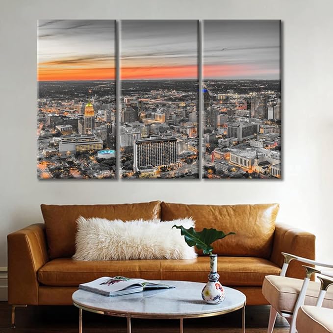 TUMOVO 3 Panel San Antonio Texas USA Skyline Black and White Wall Art City Skyline Pictures Wall Decor for Living Room Skyscrapers Wall Decor for Bedroom Framed Ready to Hang (36" Wx24 H)