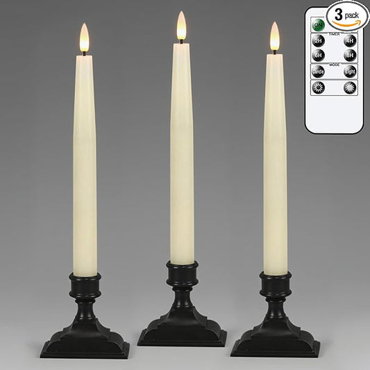 GenSwin Christmas Window Candles with Remote Timer, 3 Pcs Battery Operated Window Candles, Real Wax LED Flameless Taper Candle with Black Flameless Candlesticks for Home Decor(Ivory)