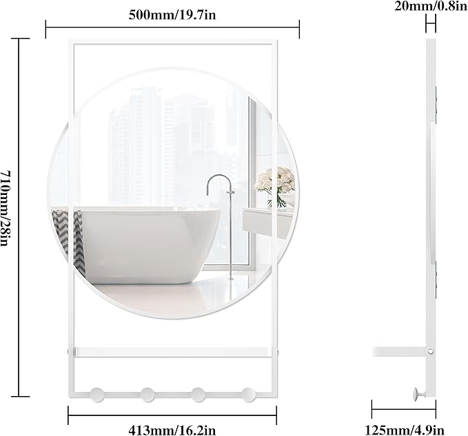 28" x 20" Entryway Mirror with Hooks, Bathroom Mirror with Shelf, Rectangular Frame Round Wall Mirror with Shelf and Hooks, Vanity Mirror Decorative for Wall(White)
