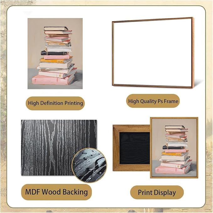 Djmwtb Framed Wall Art Vintage Pictures Wall Decor Books Paintings Canvas Art Minimalism Prints Artwork for Library Study Room Classroom