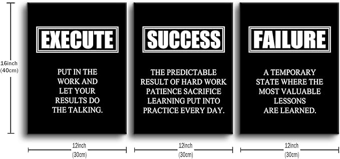 Motivational Poster Success Quote Inspirational Canvas Painting Wall Art Execute Failure Definition 3 Pieces Black Positive Framed Artwork Prints Picture for Living Room Office [36''W X 16''H]