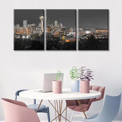 TUMOVO 3 Piece Wall Decor Seattle Downtown Skyline Wall Art Mt. Rainier at Night Washington Wall Decor for Living Room Skyscrapers Pictures Contemporary Home Decor Framed Ready to Hang (36" Wx16 H)