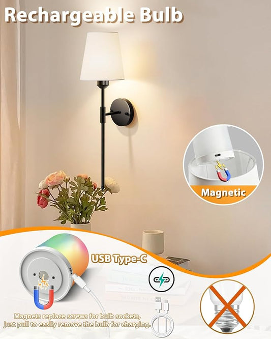 Adetu Wall Sconces Set of Two, Battery Operated Wall Sconce with 10000mAh RGB Dimmable Magnetic Bulbs and Remote, Rechargeable Wall Lights for Bedroom Living Room Hallway Decor