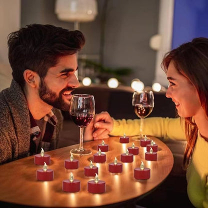 Flameless Tea Lights Candles 100 Pack LED Battery Operated Electric Votive Fake Candles Realistic Flickering and 200+ Hours Long Lasting Bright for Celebrations Festivals (Red)