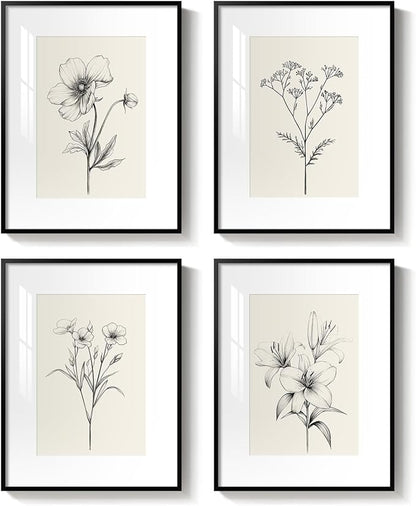 Framed Black and White Floral Wall Art Set, Vintage Minimalist Botanical Prints Artwork for Walls, Neutral Flower Pictures for Modern Farmhouse Bedroom Living Room Bathroom Wall Decor, 12x16 Inch