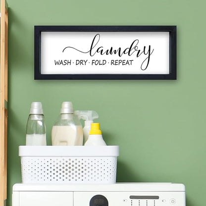 Laundry Room Wall Decor Sign 16"×6" Bathroom Laundry Rules Wash Dry Fold Repeat Small Wood Framed Wall Hanging Art (Black)