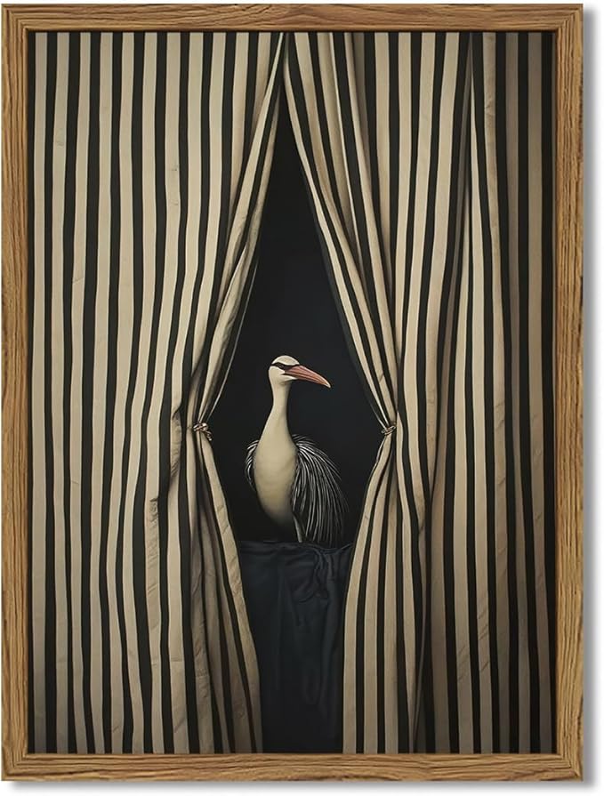 Framed Moody Crane Wall Art, Eclectic Vintage Bird Pictures Wall Decor Paintings, Surreal Humorous Animal with Black and White Striped Canvas Prints for Living Room Bedroom Bathroom Dorm 12x16 inch