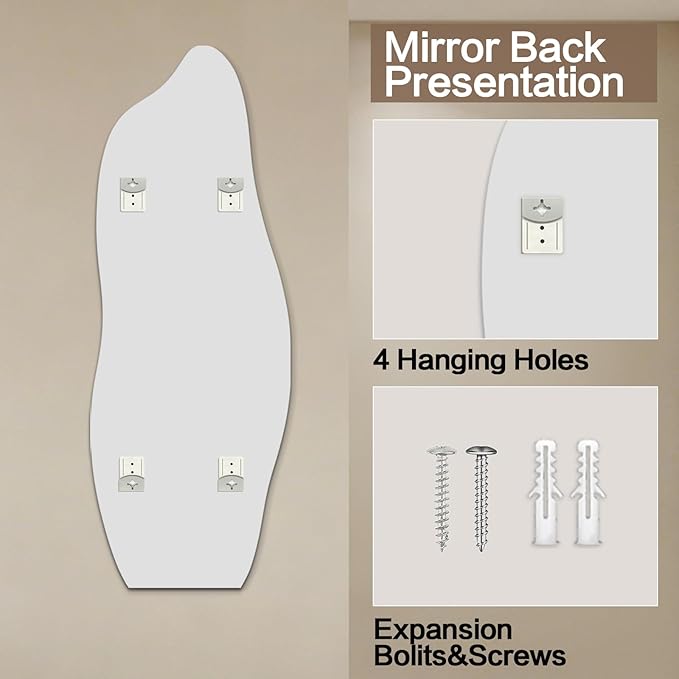 Niccy 48"×24" Frameless Wavy Full Length Mirrors, Long Wall-Mounted Mirror for Living Room, Large Full Body Floor Mirror, Explosion-Proof Tall Hanging-Mirror for Bathroom Bedroom Entryway Decor