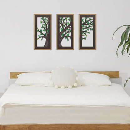 KAIRNE Wooden Tree Branch Framed Wall Art(Set of 3, 16”x8”),Abstract Tree of Life Hollow Artwork Decor,Rustic Birch Green Leaves Wood Decor,Modern Tree Farmhouse Decor for Living Room Bedroom Kitchen