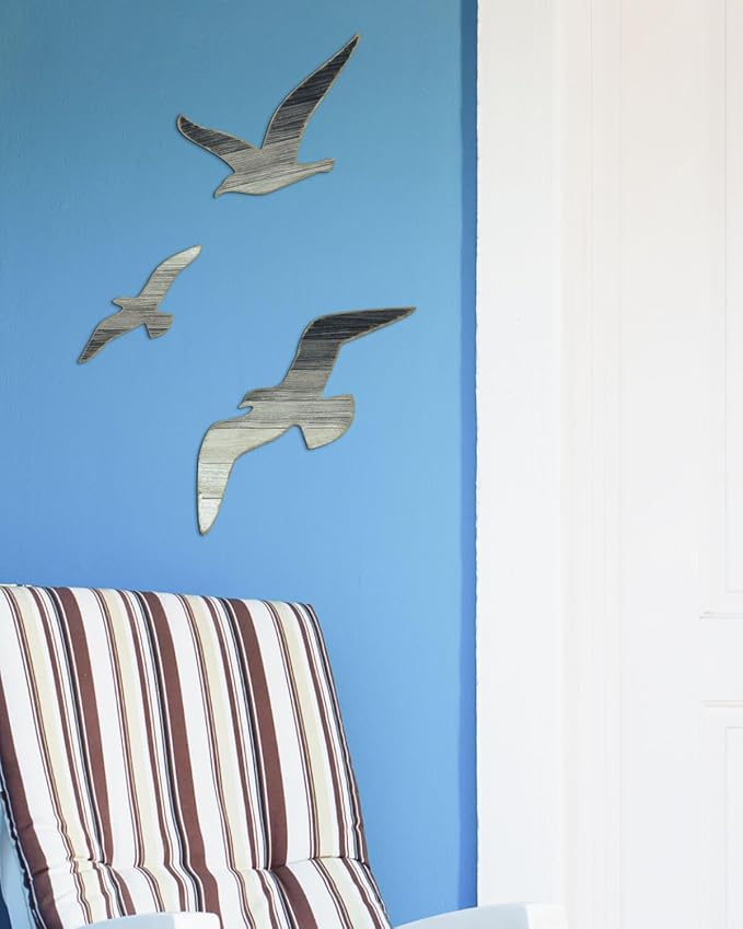 Putuo Decor 3pcs Wood Seagull Wall Decor Beach House Decor Coastal Ocean Themed Theme Wall Art Adhesive Seagull Wall Sculpture Sea Birds Lake House Ocean Vintage Ornaments For Home Bathroom