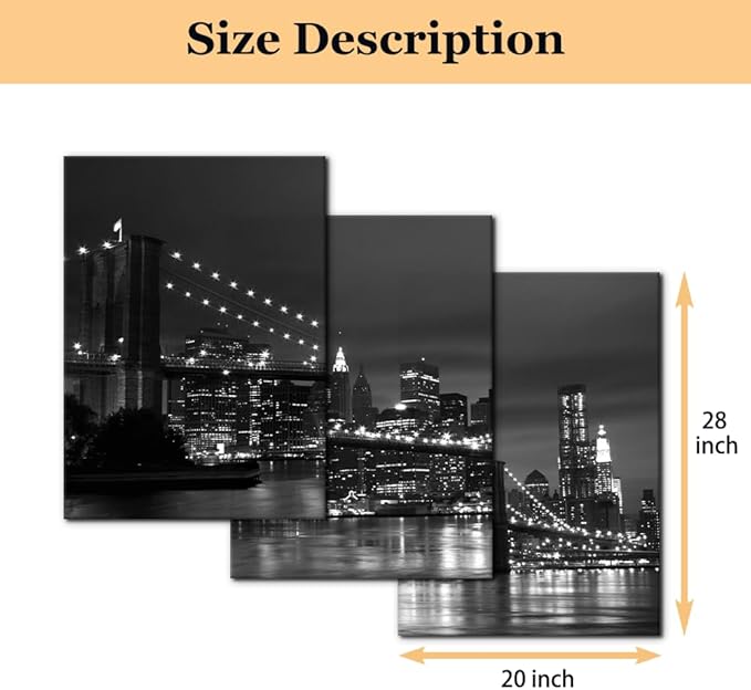 Pacimo New York Brooklyn Bridge Canvas Wall Art 3 Panels Night View Modern Landscape Artwork Cityscape Pictures Prints on Canvas Wall Decor for Home & Office Decoration - 20"x28"x3