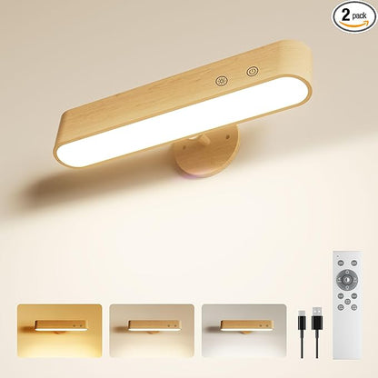 PopoIron 7500 mAh Rechargeable Wood Wall Sconce for Bedroom, LED Wall Light with Remote Control and Touch, 360° Magnetic Rotation, 3 Colours, Dimmable Wooden LED Wall Lamp with 15 RGB Colors,1 Pack